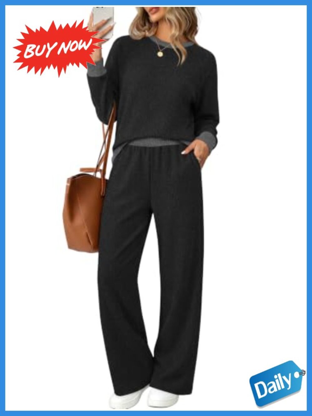Two Piece Lounge Set Womens Fleece Lined Wide Leg Pants Pull On Travel Outfit